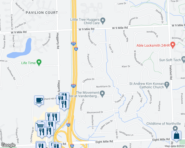 map of restaurants, bars, coffee shops, grocery stores, and more near 38751 Westchester Lane in Northville