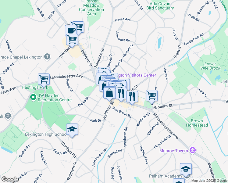 map of restaurants, bars, coffee shops, grocery stores, and more near 13 Depot Square in Lexington