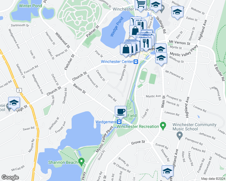 map of restaurants, bars, coffee shops, grocery stores, and more near 38 Rangeley Road in Winchester