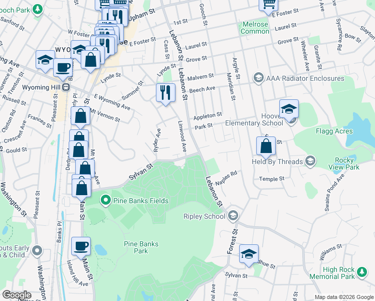 map of restaurants, bars, coffee shops, grocery stores, and more near 24 Linwood Avenue in Melrose