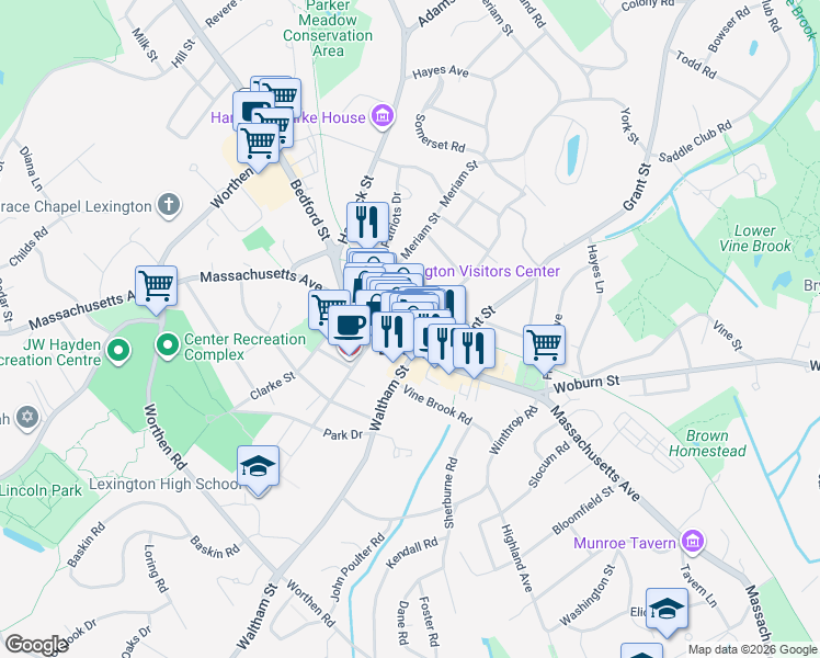 map of restaurants, bars, coffee shops, grocery stores, and more near 13 Depot Square in Lexington