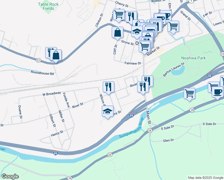 map of restaurants, bars, coffee shops, grocery stores, and more near 20 Baker Street in Oneonta