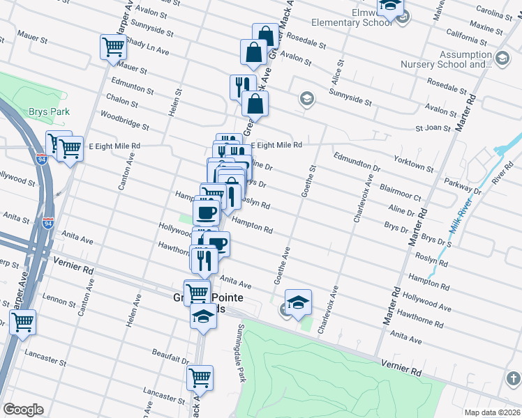 map of restaurants, bars, coffee shops, grocery stores, and more near 1800 Roslyn Road in Grosse Pointe Woods
