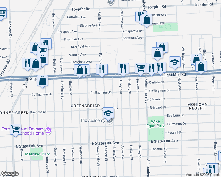 map of restaurants, bars, coffee shops, grocery stores, and more near 20564 Joann Avenue in Detroit