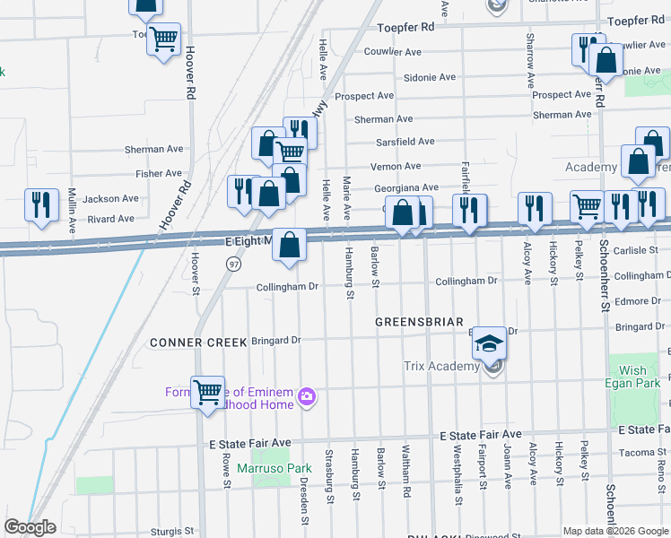 map of restaurants, bars, coffee shops, grocery stores, and more near 12510 8 Mile Road in Detroit