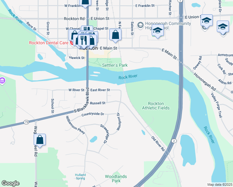 map of restaurants, bars, coffee shops, grocery stores, and more near 231 East River Street in Rockton