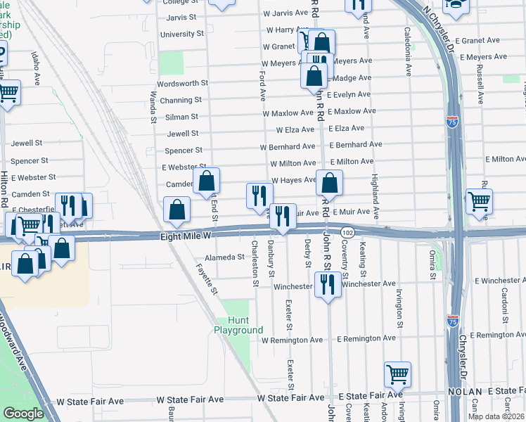 map of restaurants, bars, coffee shops, grocery stores, and more near 353 West George Avenue in Hazel Park