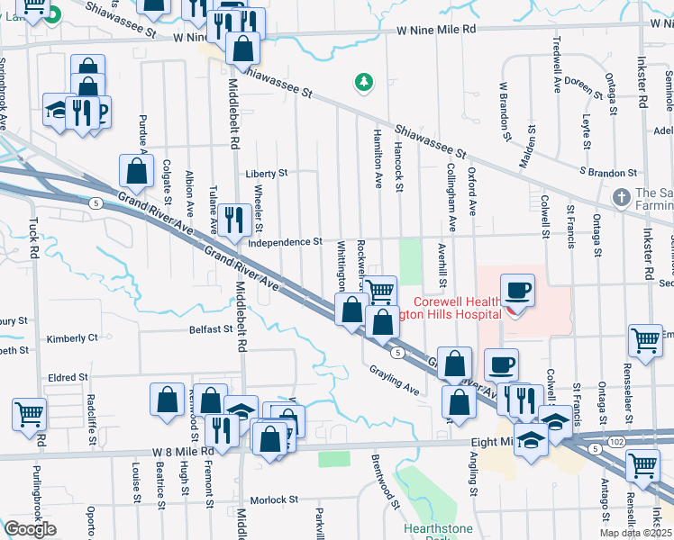 map of restaurants, bars, coffee shops, grocery stores, and more near 21351 Whittington Street in Farmington Hills