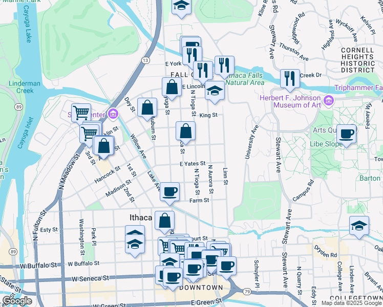 map of restaurants, bars, coffee shops, grocery stores, and more near 712 North Tioga Street in Ithaca