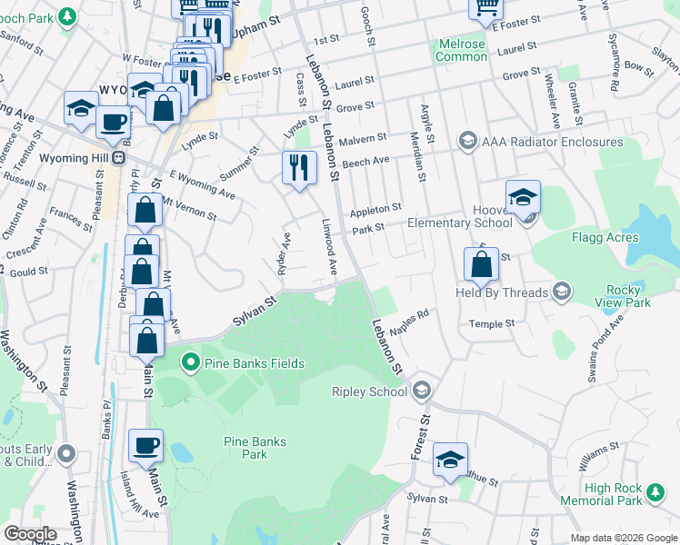 map of restaurants, bars, coffee shops, grocery stores, and more near 24 Linwood Avenue in Melrose