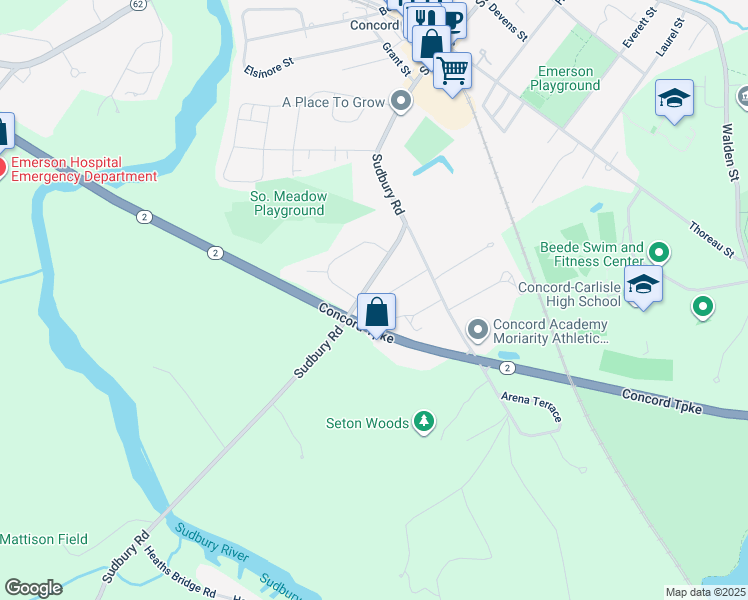 map of restaurants, bars, coffee shops, grocery stores, and more near 58 Potter Street in Concord