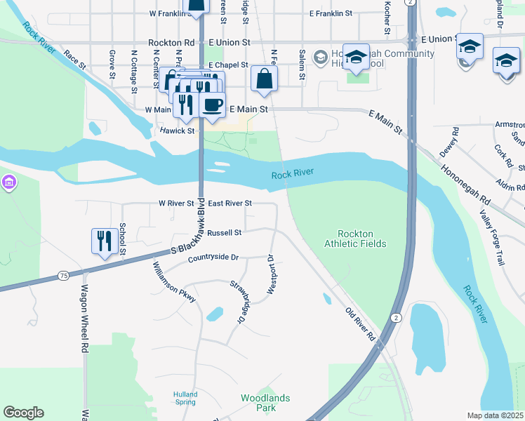 map of restaurants, bars, coffee shops, grocery stores, and more near 231 East River Street in Rockton