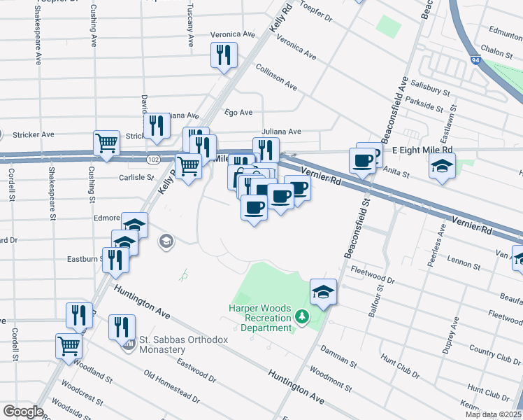 map of restaurants, bars, coffee shops, grocery stores, and more near 18000 Vernier Road in Harper Woods