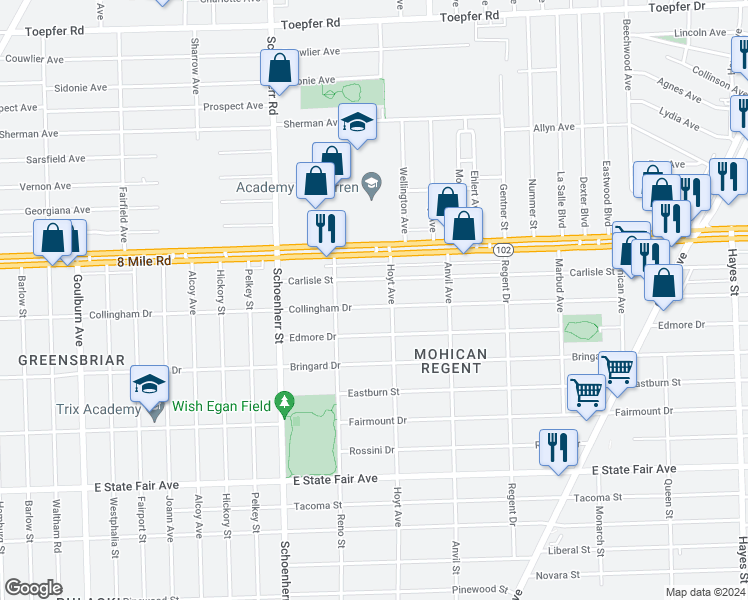 map of restaurants, bars, coffee shops, grocery stores, and more near 13885 Collingham Drive in Detroit