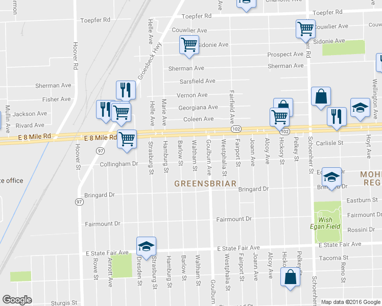 map of restaurants, bars, coffee shops, grocery stores, and more near 20535 Waltham Street in Detroit
