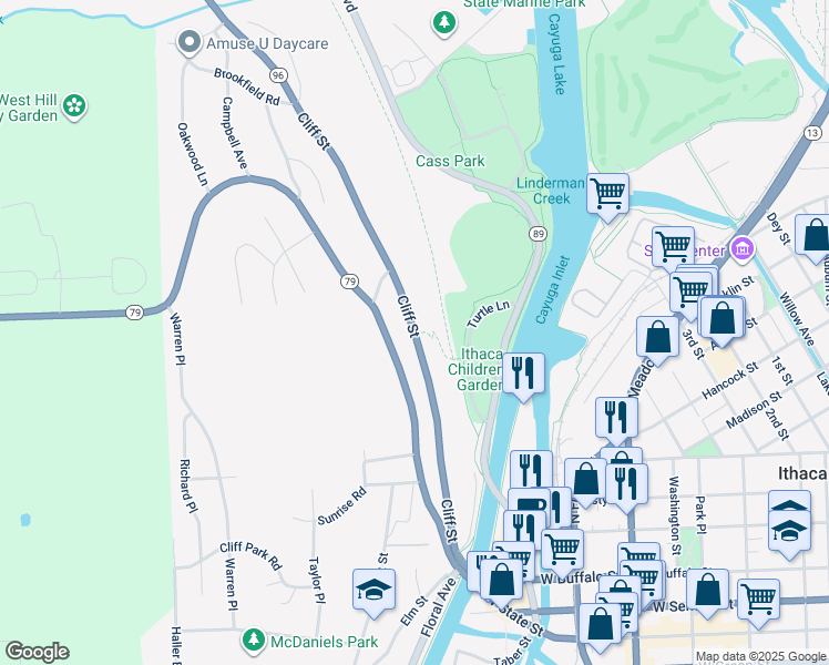 map of restaurants, bars, coffee shops, grocery stores, and more near Cliff Street in Ithaca