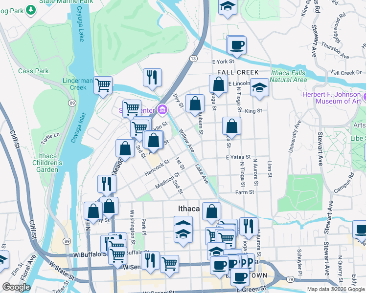 map of restaurants, bars, coffee shops, grocery stores, and more near 406 Lake Avenue in Ithaca