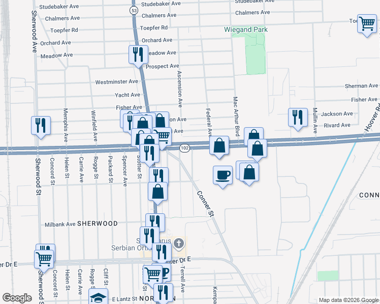 map of restaurants, bars, coffee shops, grocery stores, and more near 8205 Michigan 102 in Warren