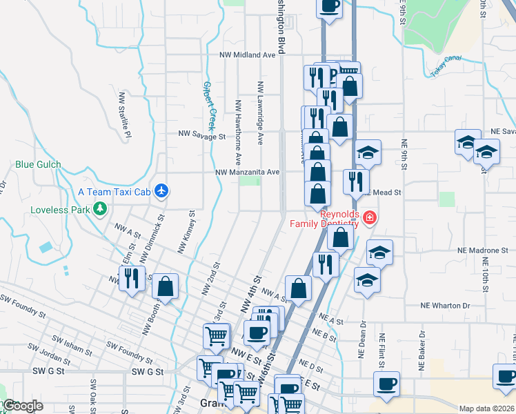 map of restaurants, bars, coffee shops, grocery stores, and more near 1018 Northwest Lawnridge Avenue in Grants Pass