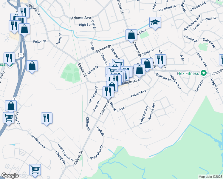 map of restaurants, bars, coffee shops, grocery stores, and more near 5 Essex Street in Saugus