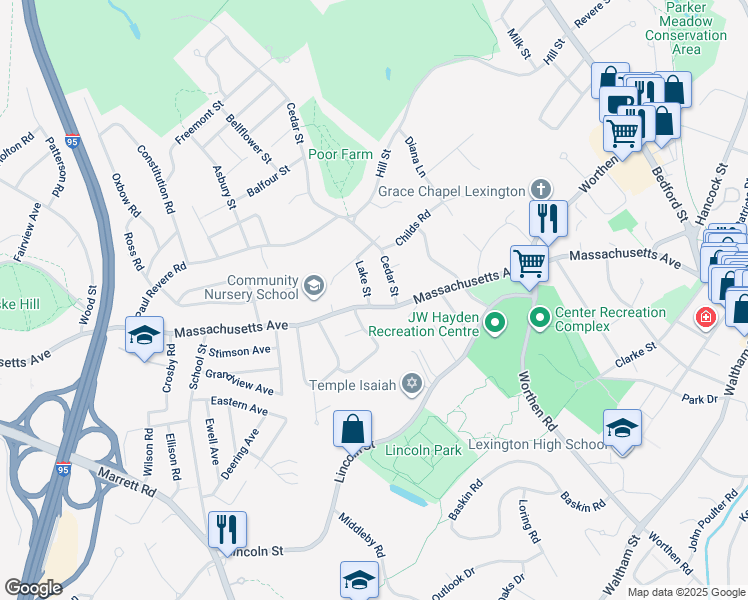 map of restaurants, bars, coffee shops, grocery stores, and more near 5 Lake Street in Lexington