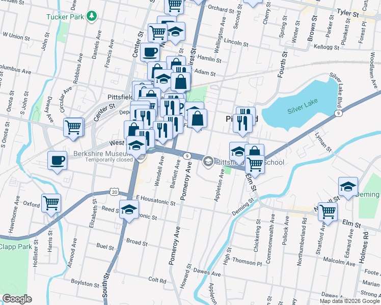 map of restaurants, bars, coffee shops, grocery stores, and more near 235 East Street in Pittsfield
