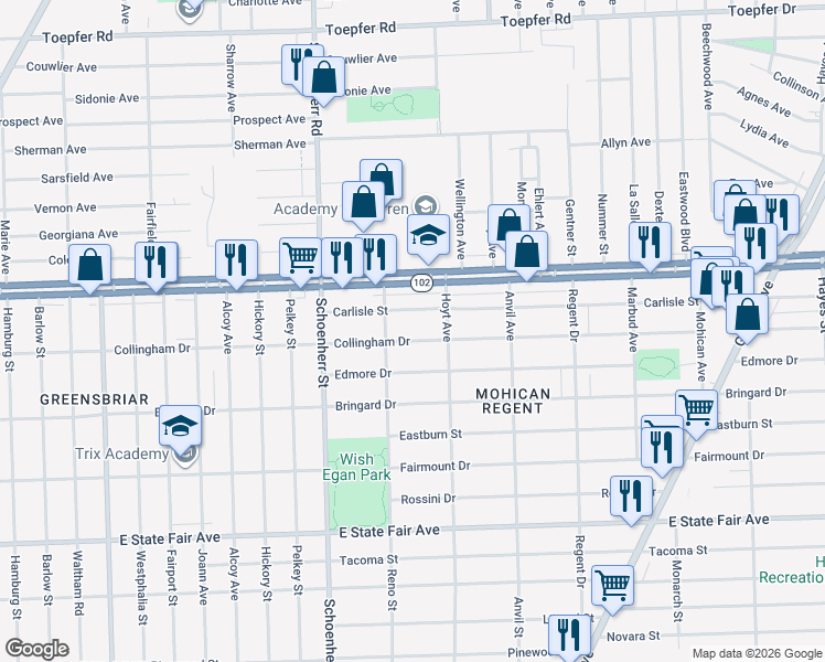map of restaurants, bars, coffee shops, grocery stores, and more near 13880 Carlisle Street in Detroit