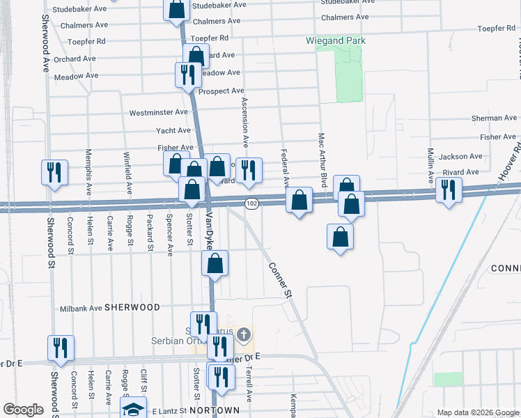map of restaurants, bars, coffee shops, grocery stores, and more near 8205 Michigan 102 in Warren