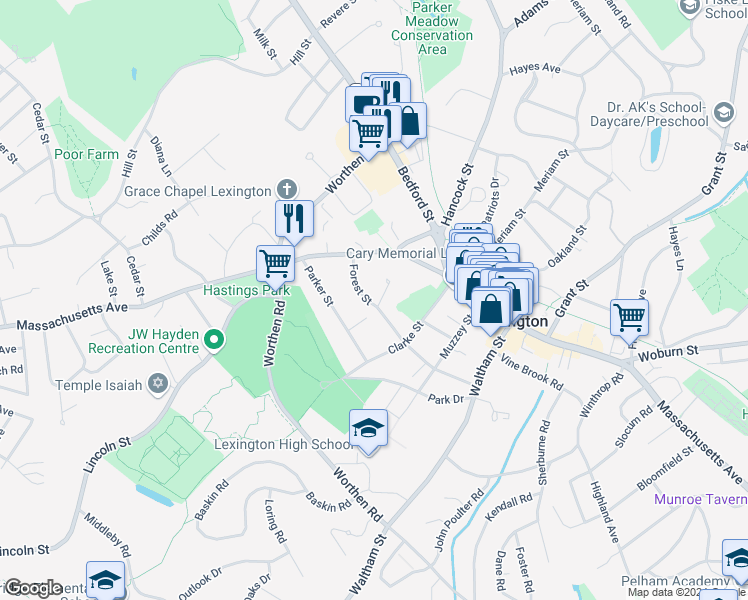 map of restaurants, bars, coffee shops, grocery stores, and more near 45 Forest Street in Lexington
