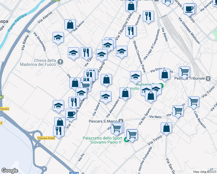 map of restaurants, bars, coffee shops, grocery stores, and more near 38 Via Salara Vecchia in Pescara