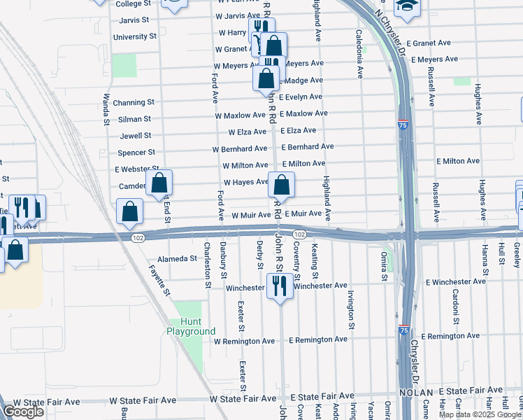 map of restaurants, bars, coffee shops, grocery stores, and more near 77 West George Avenue in Hazel Park
