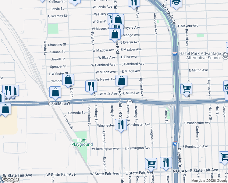 map of restaurants, bars, coffee shops, grocery stores, and more near 44 West Muir Avenue in Hazel Park