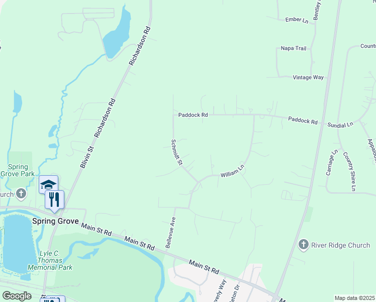 map of restaurants, bars, coffee shops, grocery stores, and more near 8308 Schmidt Street in Spring Grove