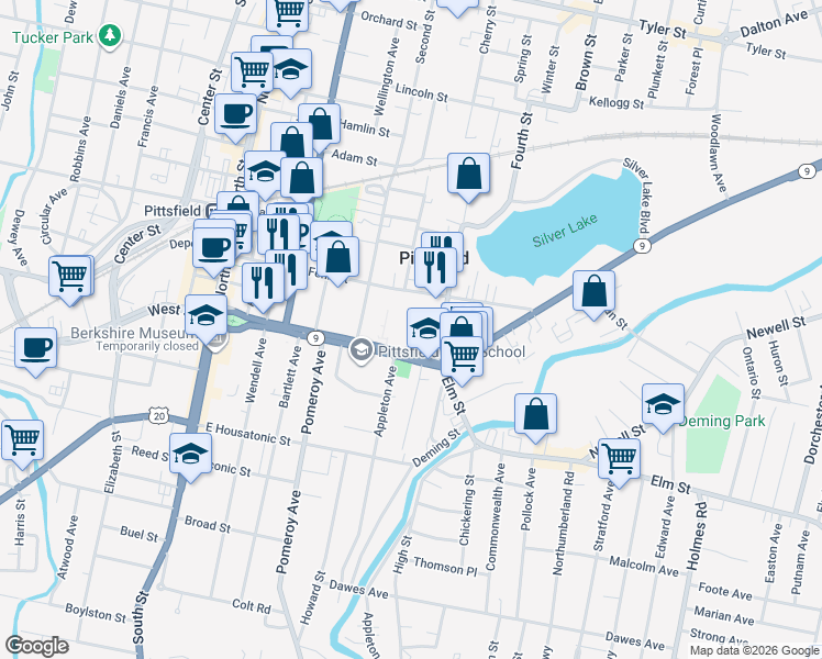 map of restaurants, bars, coffee shops, grocery stores, and more near 379 East Street in Pittsfield