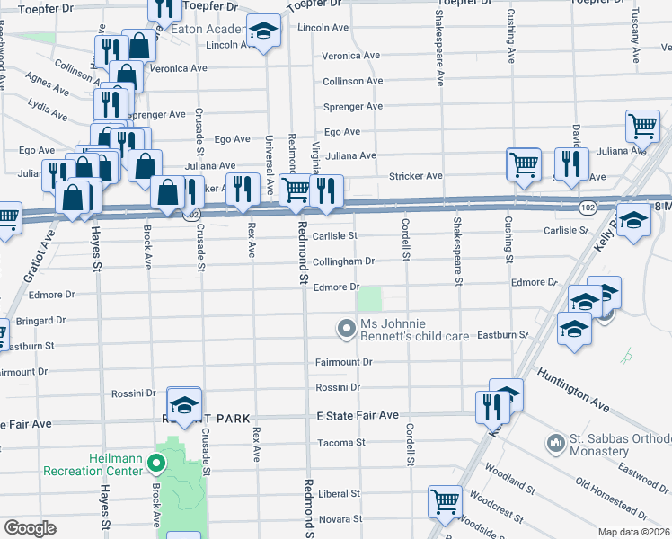 map of restaurants, bars, coffee shops, grocery stores, and more near 16087 Collingham Drive in Detroit