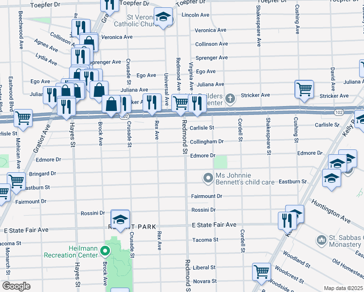 map of restaurants, bars, coffee shops, grocery stores, and more near 15906 Collingham Drive in Detroit
