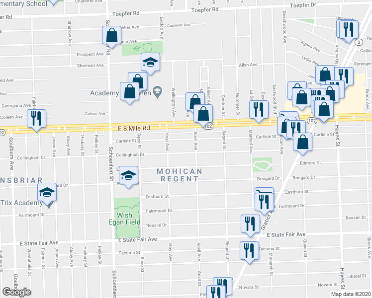 map of restaurants, bars, coffee shops, grocery stores, and more near 14051 Collingham Drive in Detroit