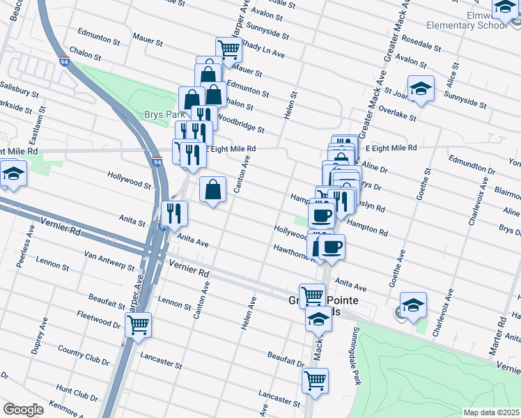 map of restaurants, bars, coffee shops, grocery stores, and more near 2161 Ridgemont Road in Grosse Pointe Woods
