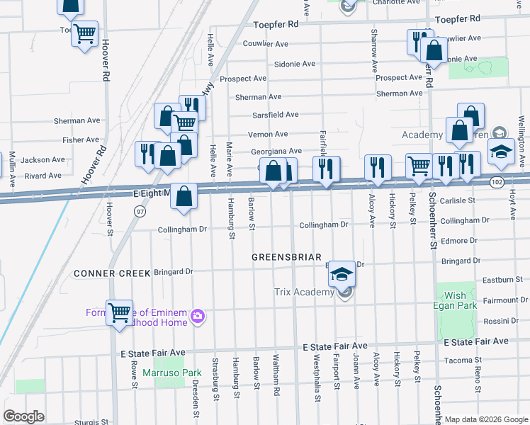 map of restaurants, bars, coffee shops, grocery stores, and more near in Warren