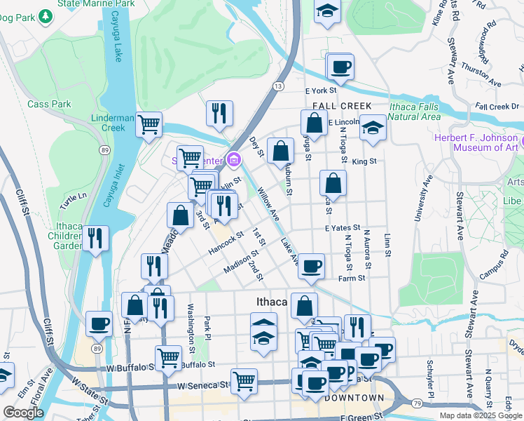 map of restaurants, bars, coffee shops, grocery stores, and more near 410 Lake Avenue in Ithaca