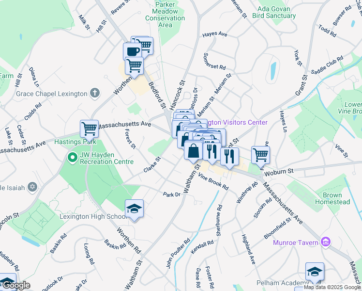 map of restaurants, bars, coffee shops, grocery stores, and more near 1874 Massachusetts Avenue in Lexington