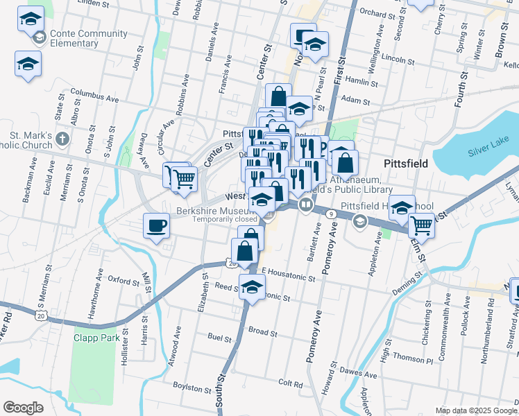 map of restaurants, bars, coffee shops, grocery stores, and more near in Pittsfield