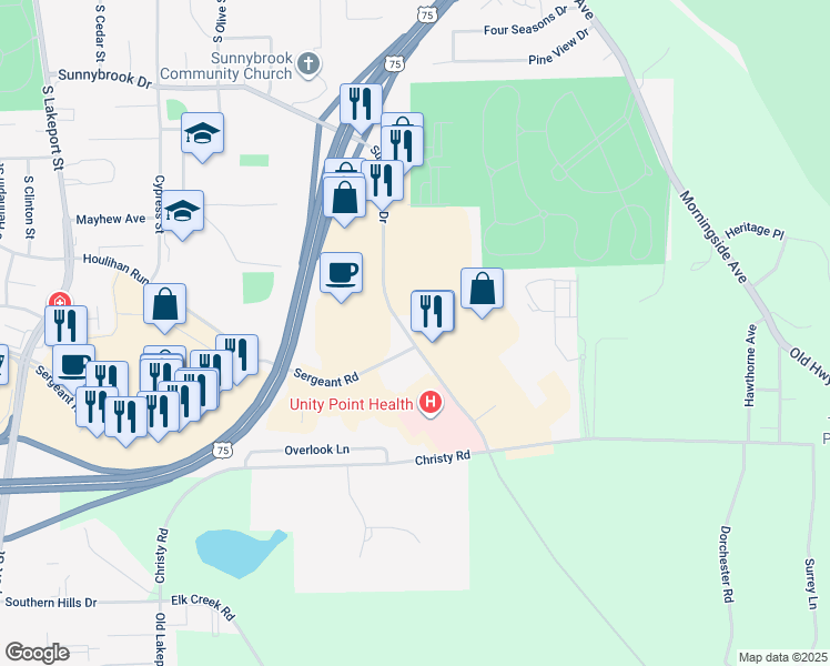 map of restaurants, bars, coffee shops, grocery stores, and more near 5800 Sunnybrook Drive in Sioux City