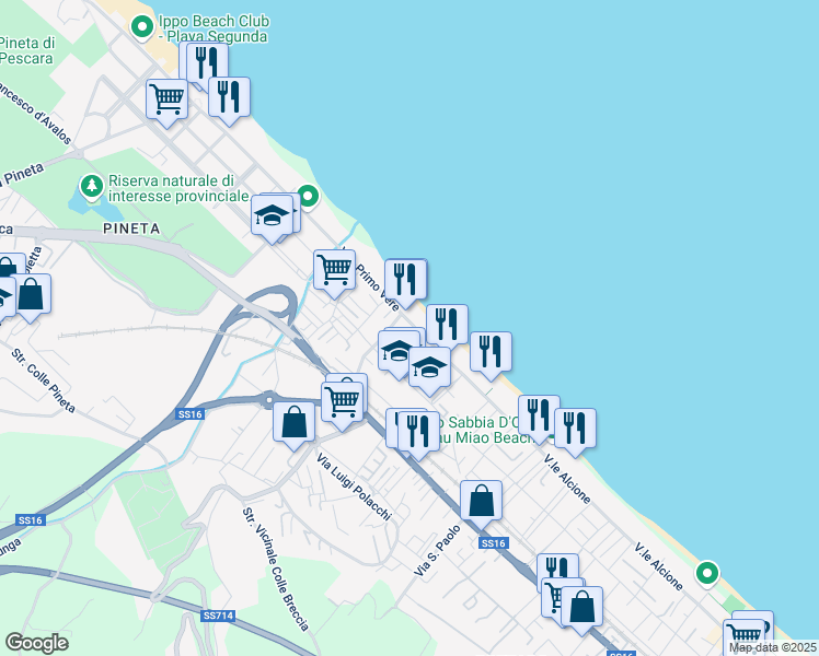 map of restaurants, bars, coffee shops, grocery stores, and more near 110 Viale Alcione in Pescara