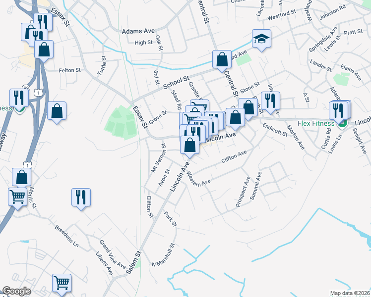 map of restaurants, bars, coffee shops, grocery stores, and more near 51 Essex Street in Saugus