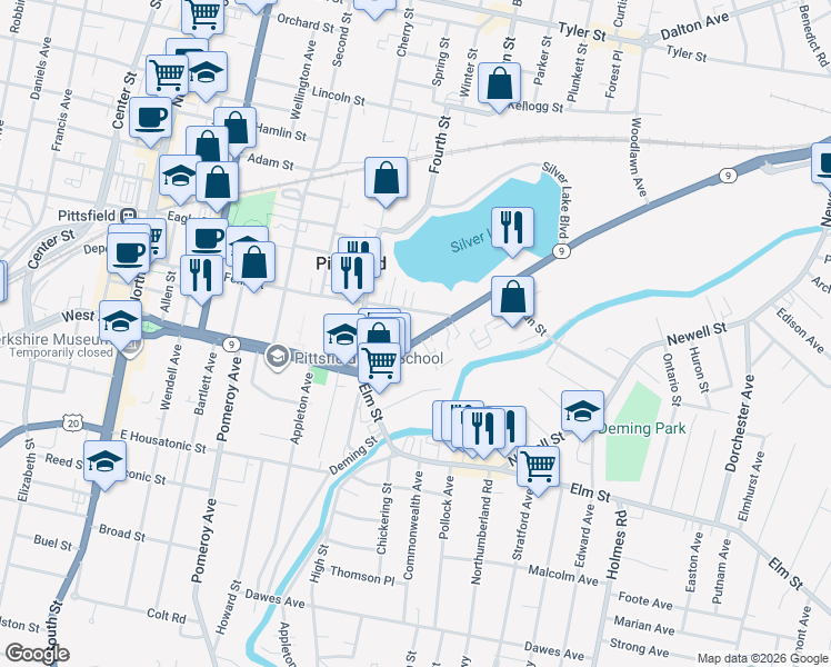 map of restaurants, bars, coffee shops, grocery stores, and more near 518 Fenn Street in Pittsfield