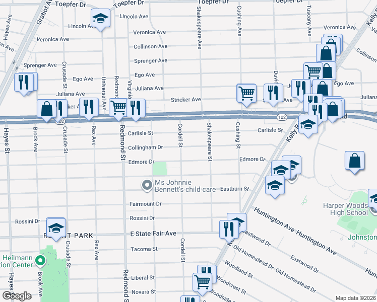 map of restaurants, bars, coffee shops, grocery stores, and more near 16453 Collingham Drive in Detroit