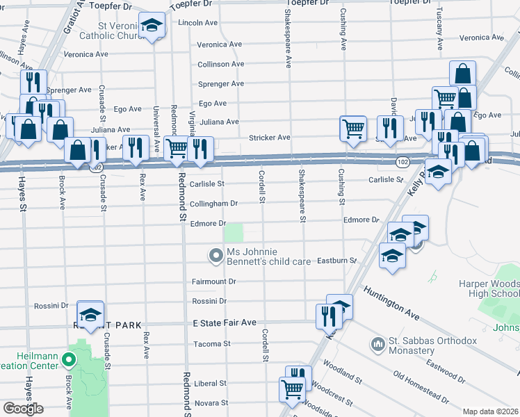 map of restaurants, bars, coffee shops, grocery stores, and more near 16315 Collingham Drive in Detroit