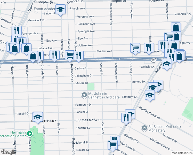 map of restaurants, bars, coffee shops, grocery stores, and more near 16315 Collingham Drive in Detroit