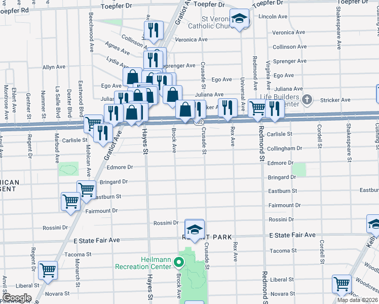 map of restaurants, bars, coffee shops, grocery stores, and more near 15485 Collingham Drive in Detroit